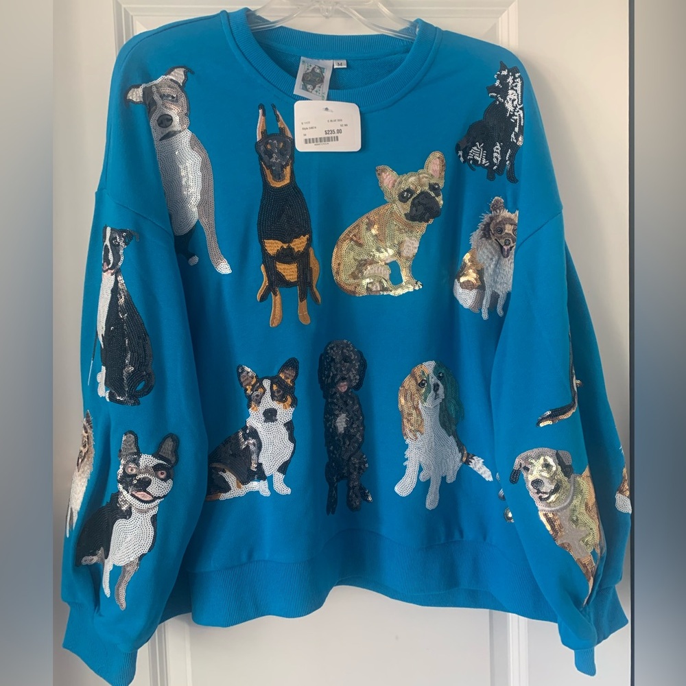 New With Tags Queen Of Sparkles Dog All Over Sweatshirt in Blue, Size Medium